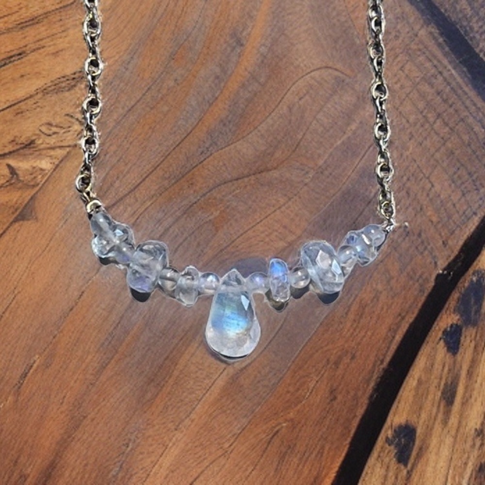 Genuine Rainbow Moonstone Necklace! 925 stamped silver rolo chain. - Picture 10 of 12